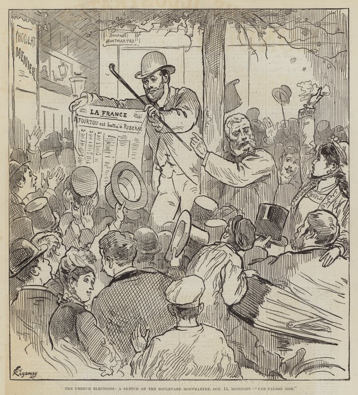 Les Élections Françaises, une esquisse sur le Boulevard Montmartre, 15 octobre, minuit, Une Fausse Joie - Felix Regamey