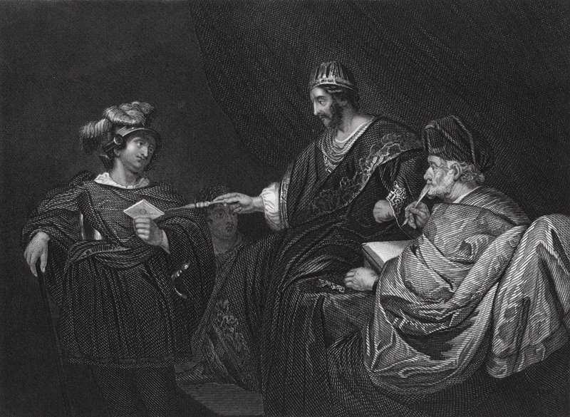 David envoie une lettre à Joab par Urie, II Samuel, Ch XI, v 14 (gravure) - Ferdinand (after) Bol