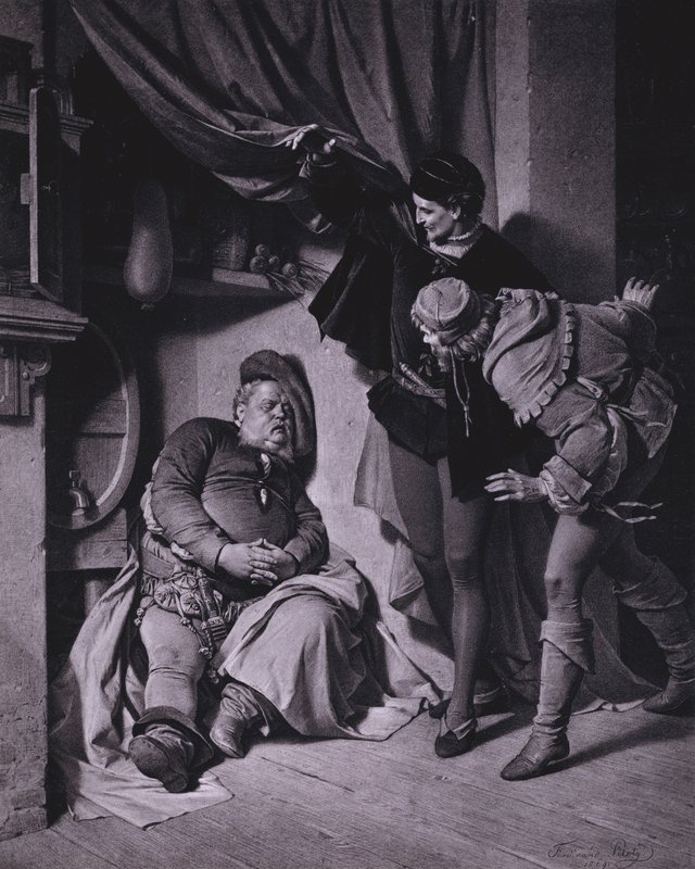 Scène de Henri IV, Partie 1 de Shakespeare (Acte II, Scène 4) (lithographie) - Ferdinand the Elder Piloty