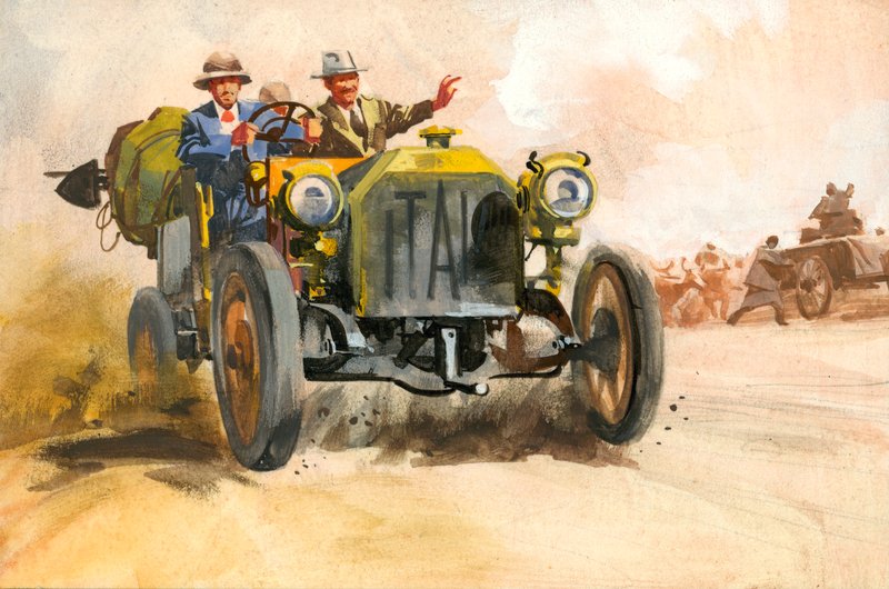 Course automobile de 10 000 miles (gouache sur papier) - Ferdinando Tacconi