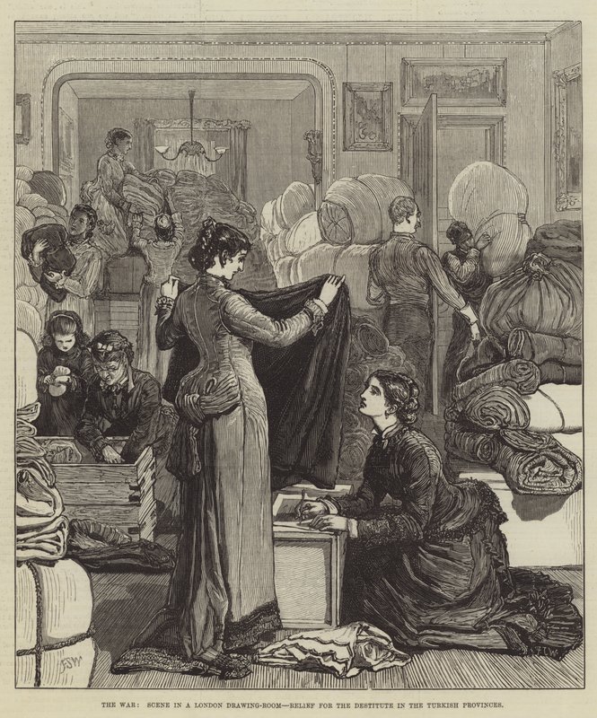 La guerre, scène dans un salon londonien, secours pour les démunis dans les provinces turques - Francis S. Walker