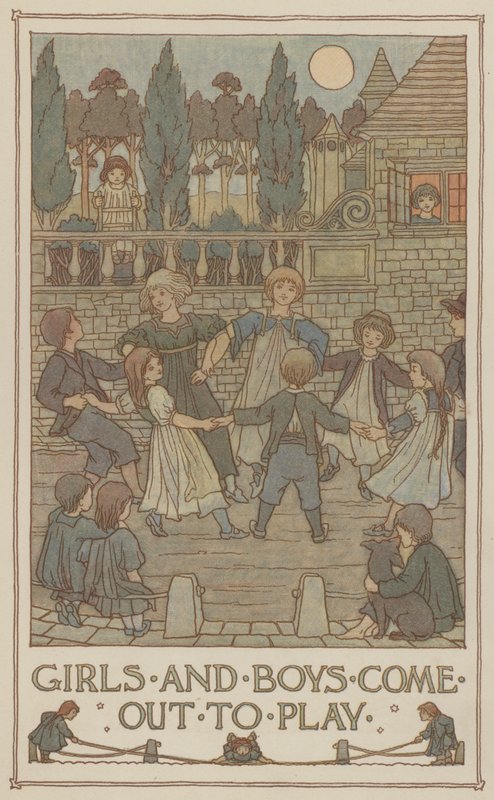 Les filles et les garçons sortent pour jouer (lithographie couleur) - Francis Donkin Bedford