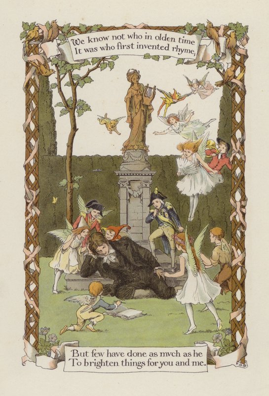 Nous ne savons pas qui, dans les temps anciens, a inventé la rime (lithographie en couleur). - Francis Donkin Bedford