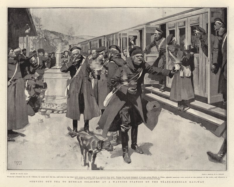 Distribution de thé aux soldats russes à une station de la voie ferrée transsibérienne - Frank Craig