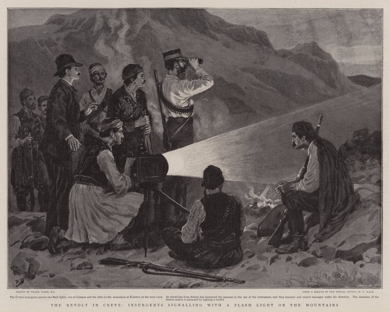 La Révolte en Crète, Insurgés signalant avec une lumière sur la montagne - Frank Dadd