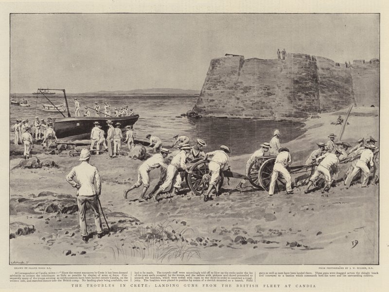 Les troubles en Crète, débarquement des canons de la flotte britannique à Candia - Frank Dadd