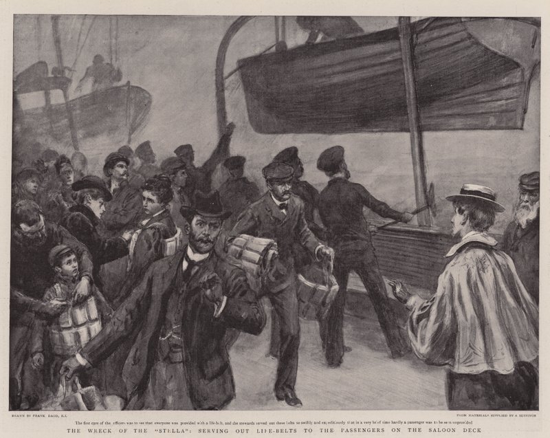 Le naufrage du Stella, distribution de ceintures de sauvetage aux passagers sur le pont du salon - Frank Dadd