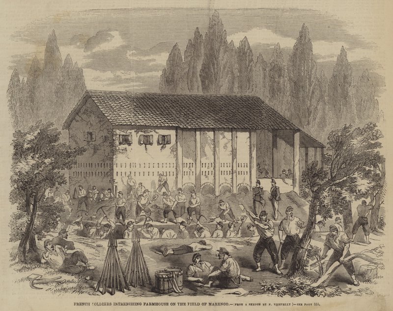Soldats français fortifiant une ferme sur le champ de Marengo - Frank Vizetelly