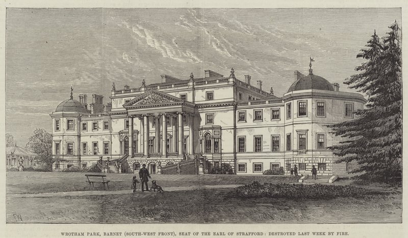 Wrotham Park, Barnet (façade sud-ouest), siège du comte de Strafford, détruit la semaine dernière par un incendie - Frank Watkins