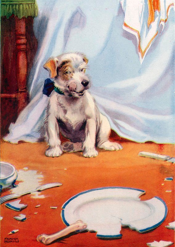 Chien avec une assiette cassée (lithographie en couleur) - Frank Adams