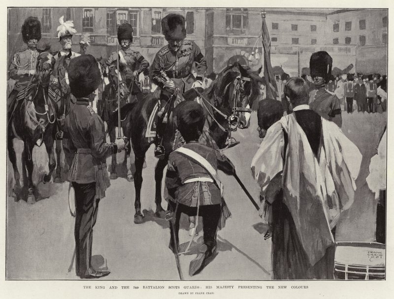 Le roi et le 3e bataillon des Scots Guards, Sa Majesté présentant les nouvelles couleurs - Frank Craig