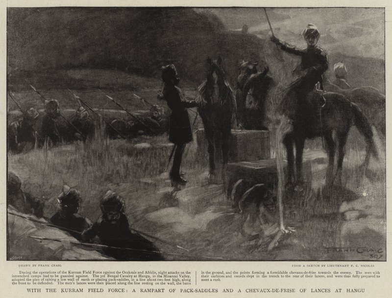 Avec la force de campagne de Kurram, un rempart de selles de bât et un cheval de frise de lances à Hangu - Frank Craig