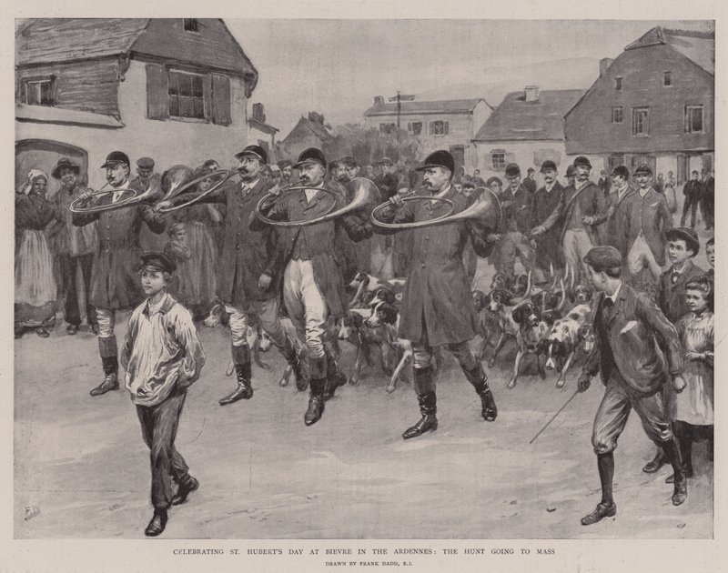 Célébration de la Saint-Hubert à Bievre dans les Ardennes, la chasse allant à la messe - Frank Dadd
