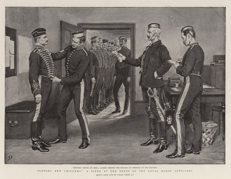 Essayage de nouveaux uniformes, une scène au dépôt de la Royal Horse Artillery - Frank Dadd