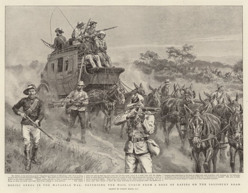 Actes héroïques dans la guerre des Matabele, défendant le coche postal contre un groupe de Kafirs sur la route de Salisbury - Frank Dadd