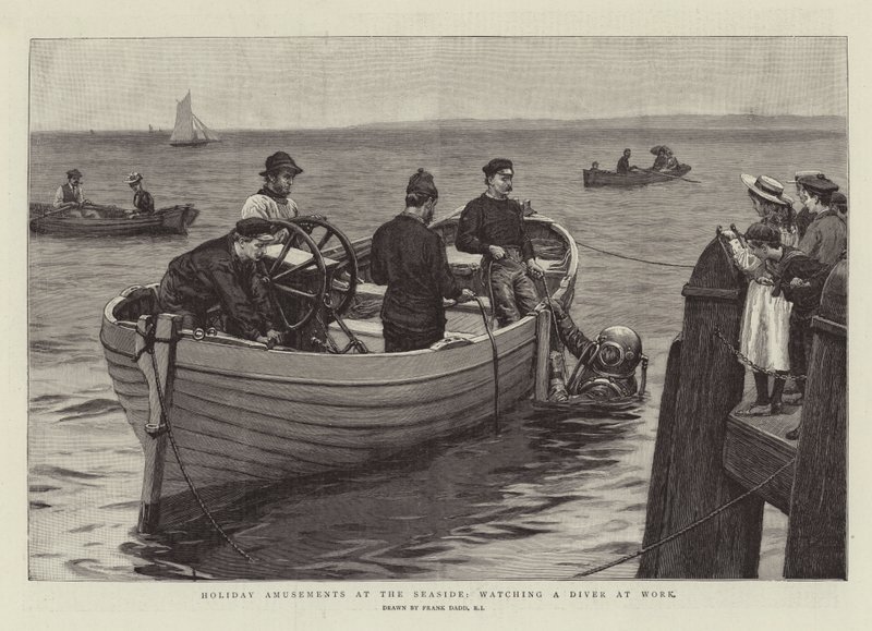 Amusements de vacances au bord de la mer, regarder un plongeur au travail - Frank Dadd
