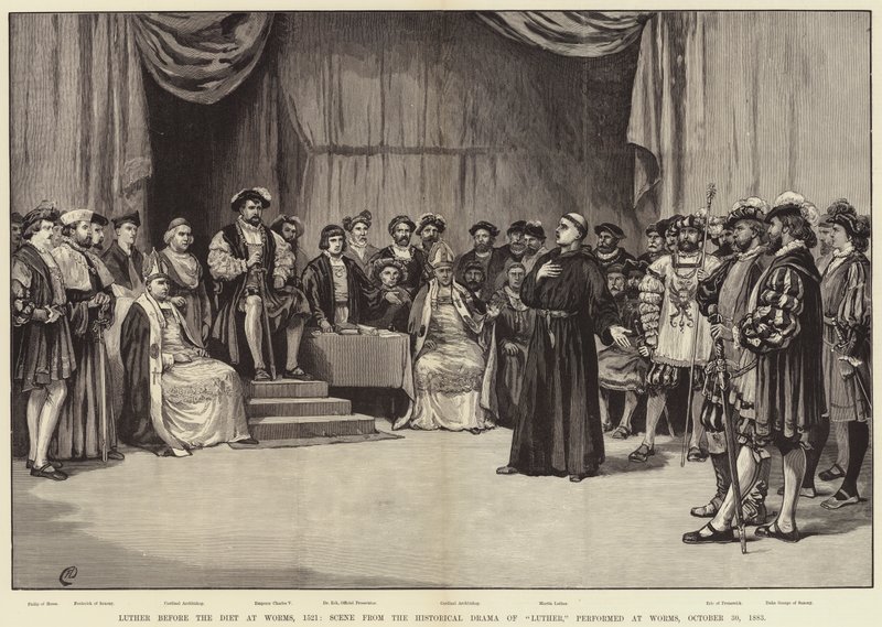 Luther devant la Diète de Worms, 1521, scène du drame historique de Luther, joué à Worms, 30 octobre 1883 - Frank Dadd