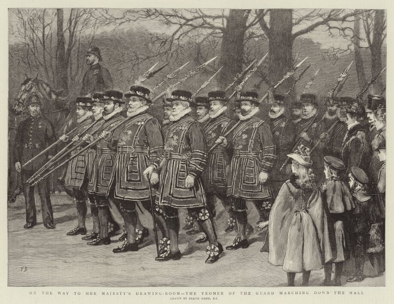 En route pour la salle de dessin de Sa Majesté, les Yeomen de la Garde descendant le Mall - Frank Dadd
