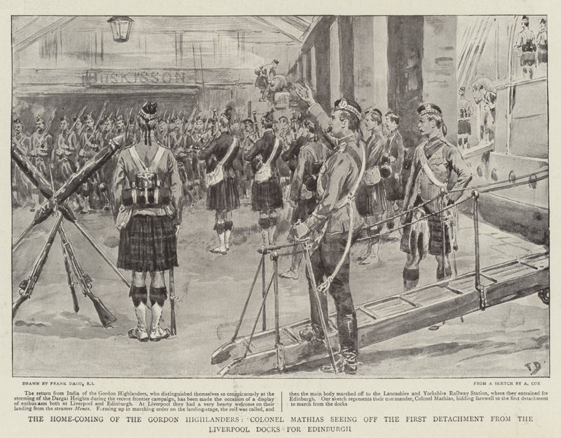 Le retour des Gordon Highlanders, le colonel Mathias voyant partir le premier détachement des docks de Liverpool pour Édimbourg - Frank Dadd