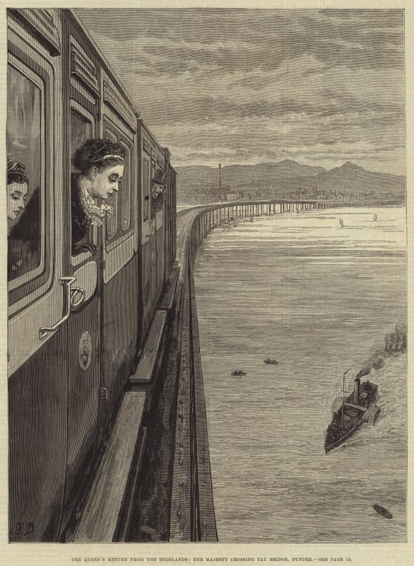 Le retour de la reine des Highlands, Sa Majesté traversant le pont de Tay, Dundee - Frank Dadd