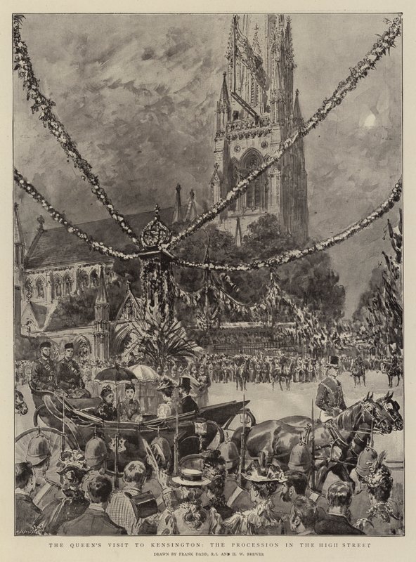 La visite de la reine à Kensington, la procession dans la rue principale - Frank Dadd