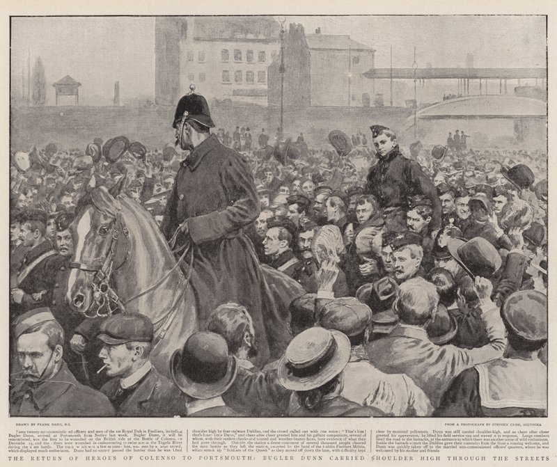 Le Retour des Héros de Colenso à Portsmouth, le Clairon Dunn porté en Triomphe dans les Rues - Frank Dadd