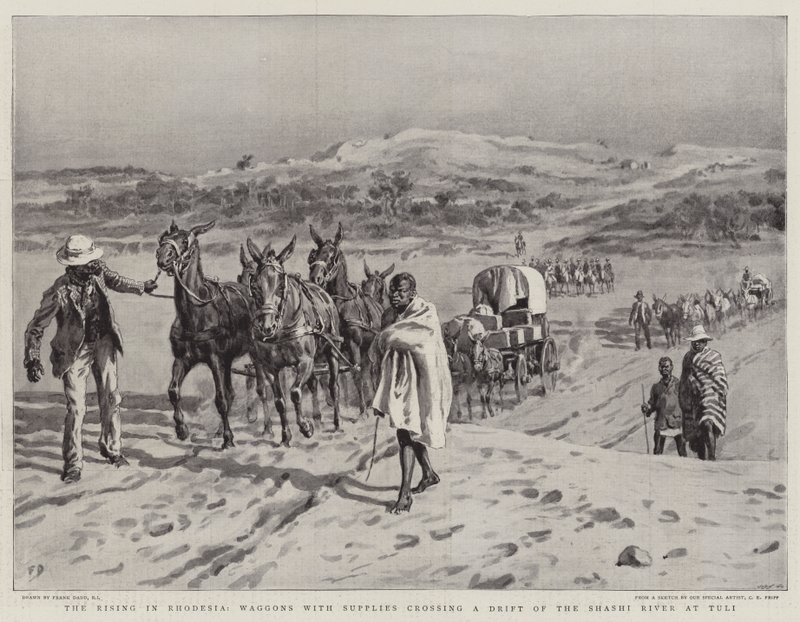 Le Soulèvement en Rhodésie, des chariots avec des provisions traversant un gué de la rivière Shashi à Tuli - Frank Dadd