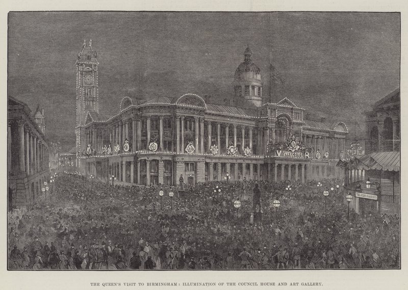 La visite de la reine à Birmingham, illumination de la maison du conseil et de la galerie d