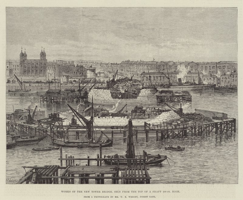 Travaux du nouveau Tower Bridge, vus du sommet d