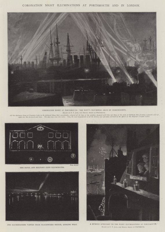 Illuminations de la nuit du couronnement à Portsmouth et à Londres - Fred T. Jane