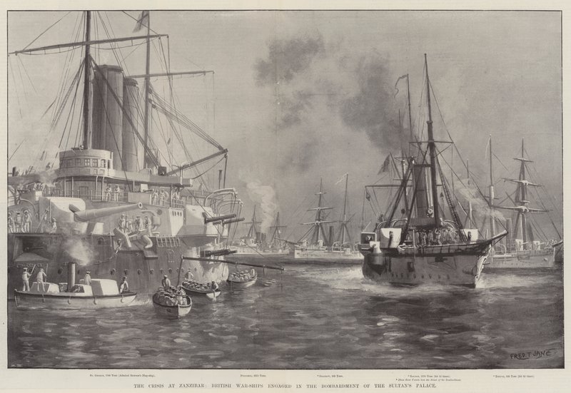 La crise à Zanzibar, navires de guerre britanniques engagés dans le bombardement du palais du sultan - Fred T. Jane