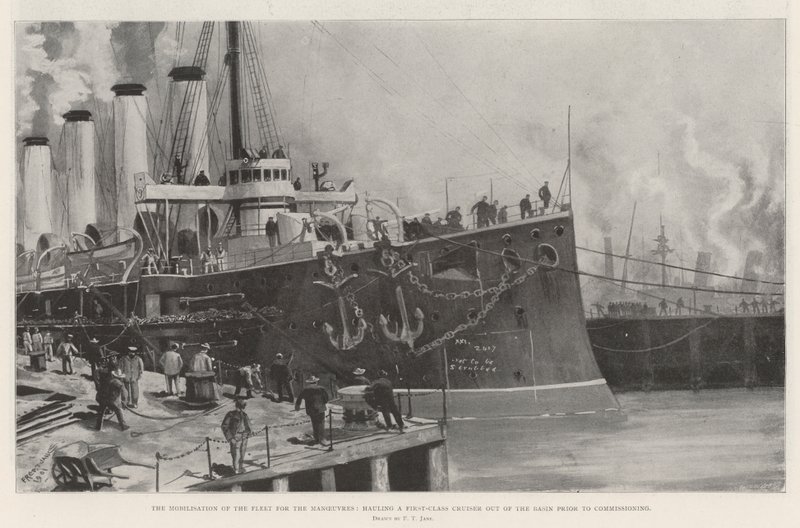 La mobilisation de la flotte pour les manœuvres, tirant un croiseur de première classe hors du bassin avant la mise en service - Fred T. Jane