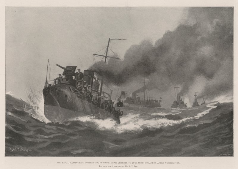 Les manœuvres navales, les torpilleurs descendant le canal pour rejoindre leur escadron après mobilisation - Fred T. Jane