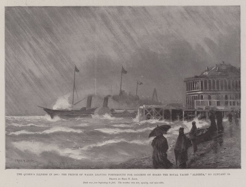 La maladie de la reine en 1901, le prince de Galles quittant Portsmouth pour Osborne à bord du yacht royal Alberta, le 19 janvier - Fred T. Jane