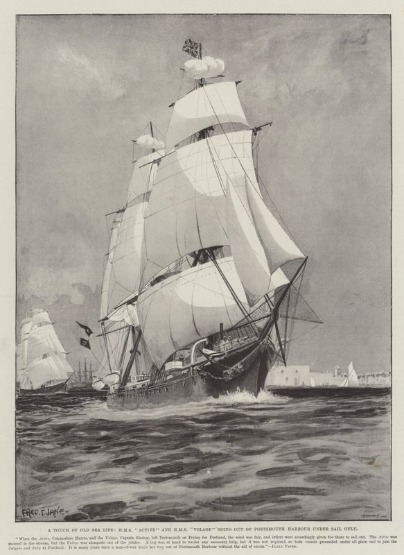 Un aperçu de la vieille vie maritime, HMS Active et HMS Volage sortant du port de Portsmouth uniquement à la voile - Fred T. Jane