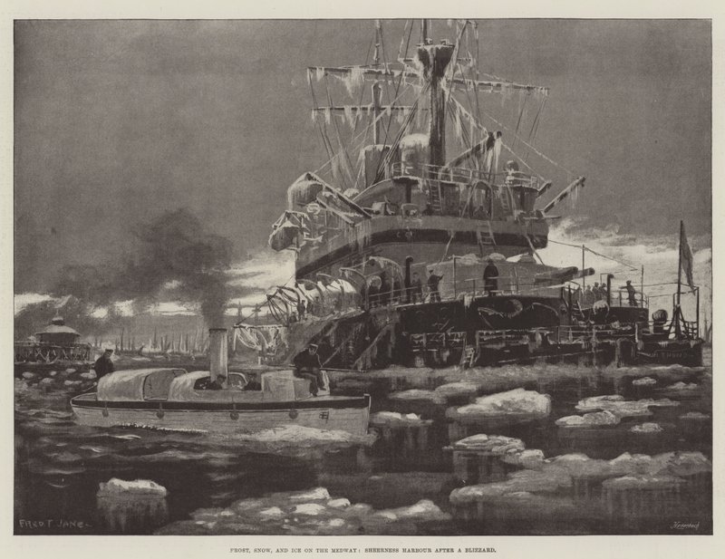 Givre, neige et glace sur la Medway, port de Sheerness après une tempête de neige - Fred T. Jane