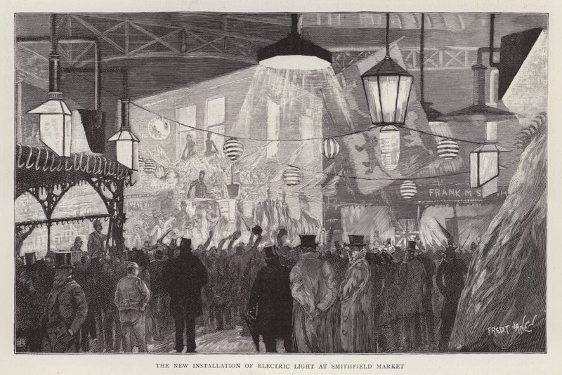 Nouvelle installation de lumière électrique au marché de Smithfield, Londres - Fred T. Jane