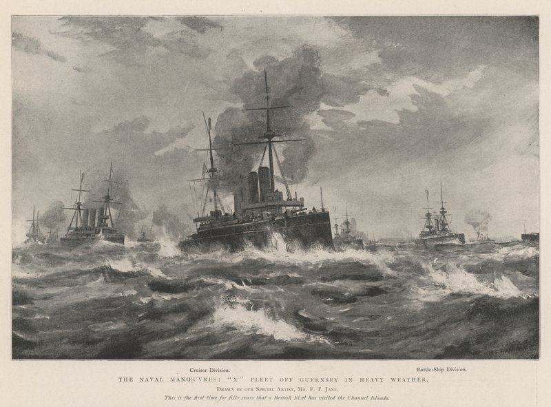 Les manœuvres navales, flotte X au large de Guernesey par gros temps - Fred T. Jane