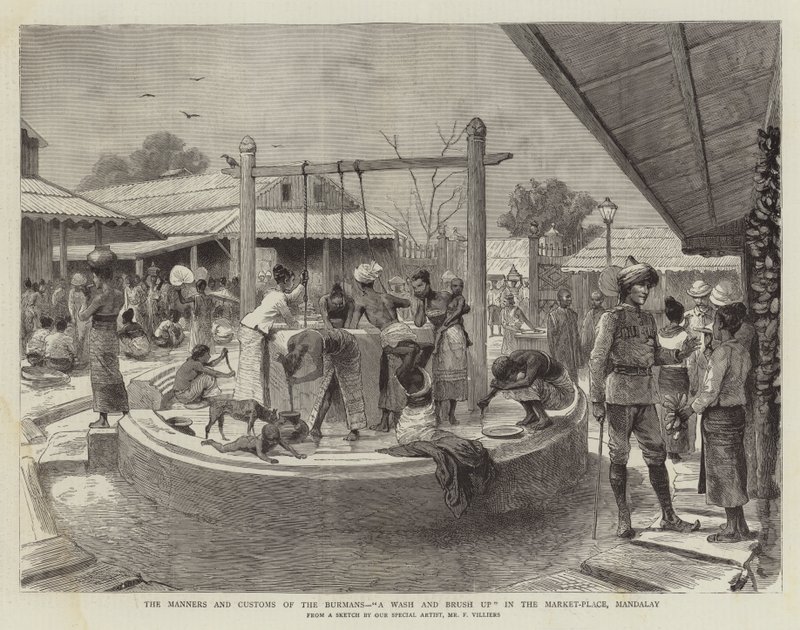 Les Mœurs et Coutumes des Birmans, Une Toilette sur la Place du Marché, Mandalay - Frederic Villiers