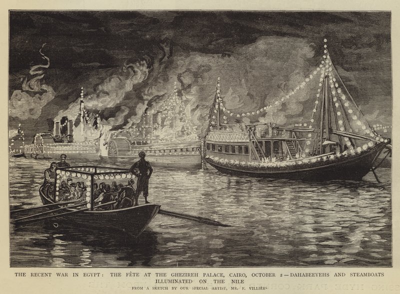 La Guerre Récente en Égypte, la Fête au Palais de Ghezireh, Le Caire, 2 Octobre, Dahabeeyehs et Bateaux à Vapeur illuminés sur le Nil - Frederic Villiers