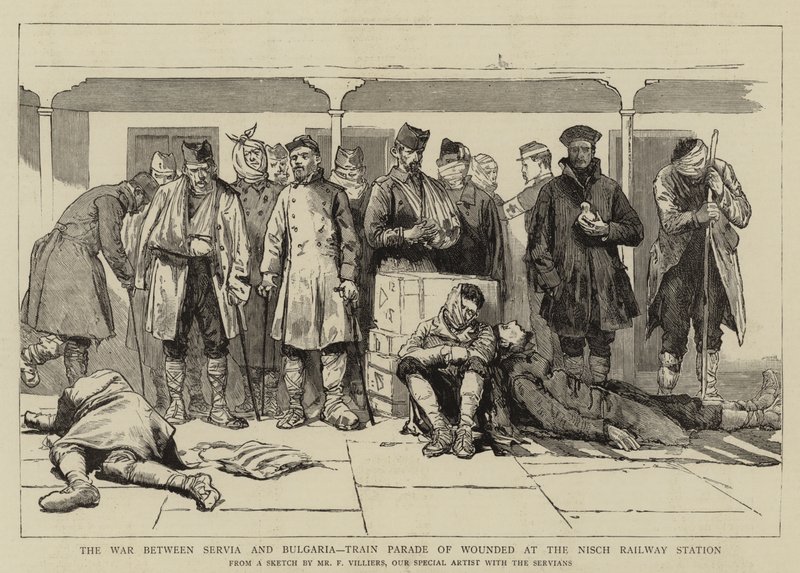 La guerre entre la Serbie et la Bulgarie, défilé des blessés à la gare de Nisch - Frederic Villiers