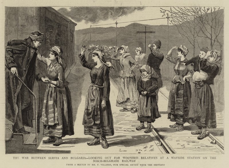 La guerre entre la Serbie et la Bulgarie, à la recherche de parents blessés à une station de chemin de fer sur la ligne Nisch-Belgrade - Frederic Villiers