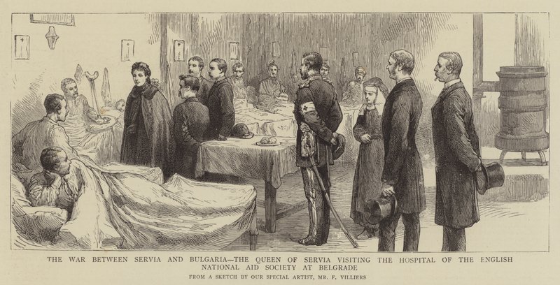 La guerre entre la Serbie et la Bulgarie, la reine de Serbie visitant l