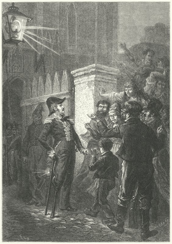 Le général Daumesnil confronte la foule parisienne devant le Château de Vincennes pendant la Révolution française de 1830 - Frederic Theodore (after) Lix