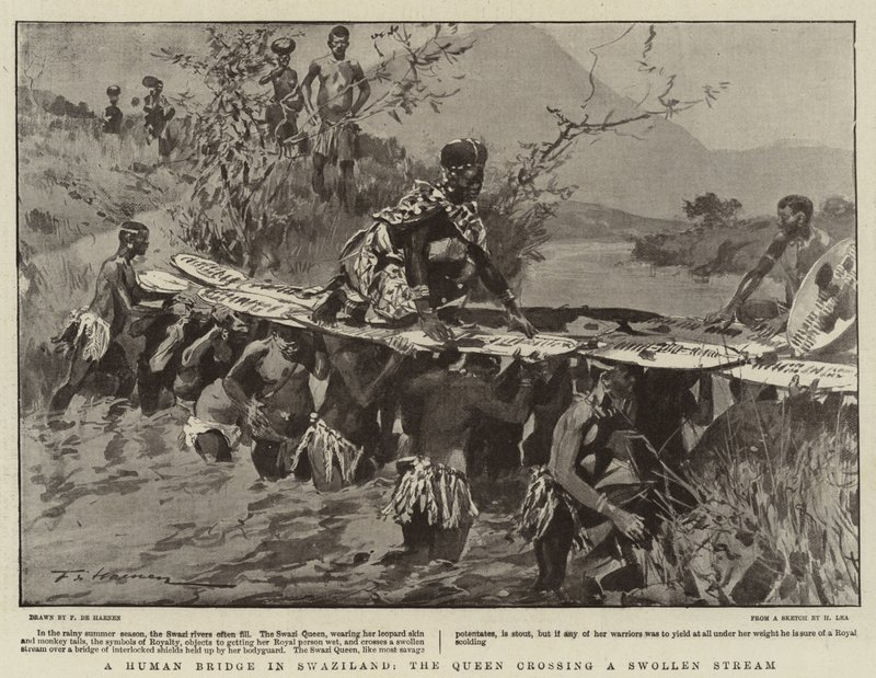 Un pont humain au Swaziland, la reine traversant un ruisseau gonflé - Frederic de Haenen