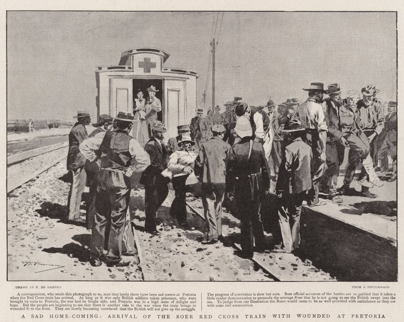Un retour triste à la maison, arrivée du train de la Croix-Rouge boer avec des blessés à Pretoria - Frederic de Haenen