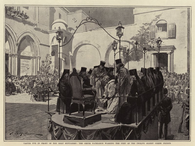 Veille de Pâques devant le Saint-Sépulcre, le patriarche grec lavant les pieds des douze plus anciens prêtres grecs - Frederic de Haenen