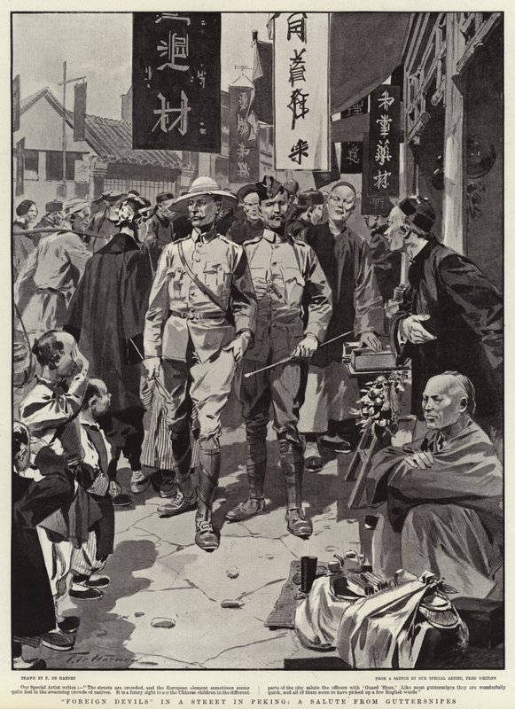 Diables étrangers dans une rue de Pékin, un salut des gamins - Frederic de Haenen