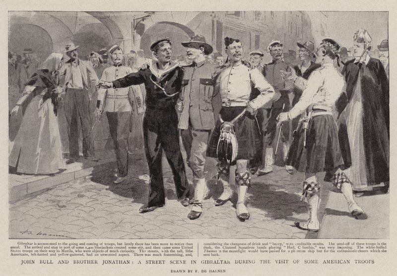 John Bull et frère Jonathan, une scène de rue à Gibraltar lors de la visite de troupes américaines - Frederic de Haenen