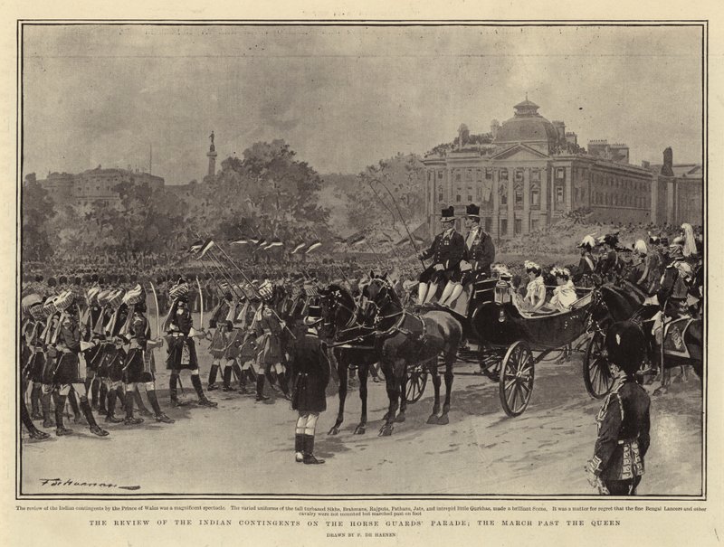 La revue des contingents indiens sur la parade des Horse Guards, le défilé devant la reine - Frederic de Haenen